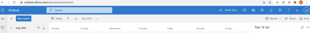 Screenshot of Outlook Webpage to show location of Share button. How to add your Microsoft 365 Calendar to Google.