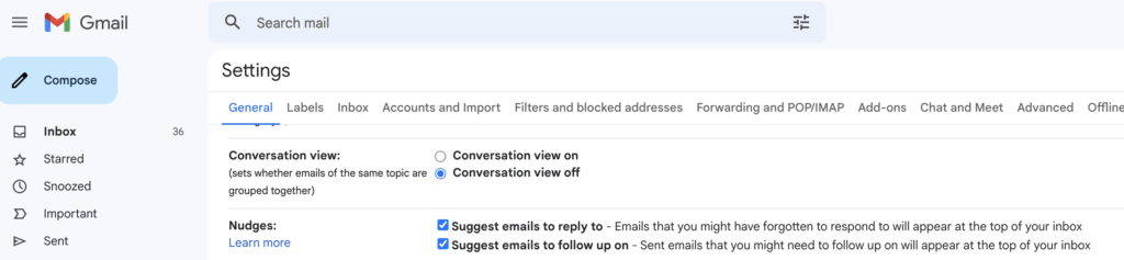 Gmail screenshot showing Nudges setting